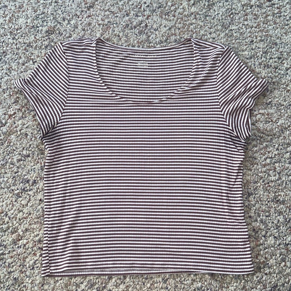 American Eagle Tee, Size Large, Maroon and white stripped